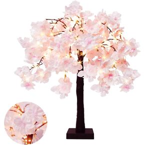 24 Inch Lighted Cherry Blossom Tree with 24 Fairy Lights Artificial Bonsai Flower Tree with Timer Battery/USB Operated Pink Light Up Tabletop Tree for Spring Wedding Party Indoor Outdoor Decor