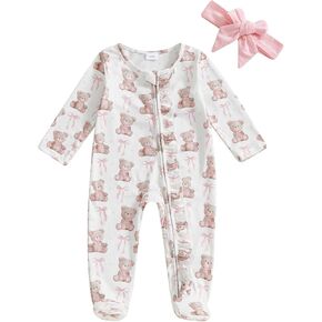 Kuriozud First Valentines Day Baby Girl Outfit Newborn Heart Footed Jumpsuit Ruffle Zipper Romper Baby Coming Home Outfit