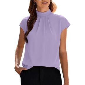 Funlingo Womens Summer Tops Mock Neck Short Cap Sleeve Blouses Business Casual Work Chiffon Shirts Front Pleated Tunic Top
