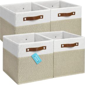 OrganiHaus 11 Inch Cube Storage Bin set of 4, Fabric Storage Bins, Cube Storage Organizer Bins, Cubby Bins w/ Vegan Handles, Kallax Organizer Storage Cube Basket, Square Storage Cubes - Grey/White