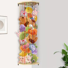 Wooden Corner Stuffed Animal Toy Organizer with Adjustable Length Shelf - Large Kids Storage Solution for Nursery, Playroom, and Bedroom (Log Colour, Colorful Rope with Light,Batteries not Included)