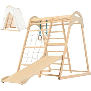 Climbing Toy for Toddler, Indoor Jungle Gym with Slide, Climbing Rock/Net, Monkey Bars, Swing, Rope Wall Climber Montessori Climber Playset Wooden Indoor Playground for Kids 2-12 years Inside