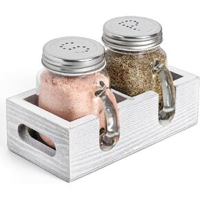 Mason Jar Salt and Pepper Shakers Set with Wood Caddy, Easy to Clean & Refill for Farmhouse Kitchen Table, Rustic Home and Gifts