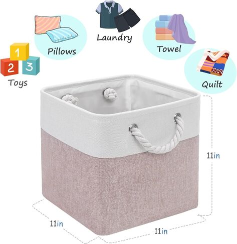 Fabric Cubes Storage Basket, 6 Pack 11x11 in with Handles Foldable Cube Storage Bins, for Shelves, Home, Office, Nursery Organizers (White/ Green) in Kuwait