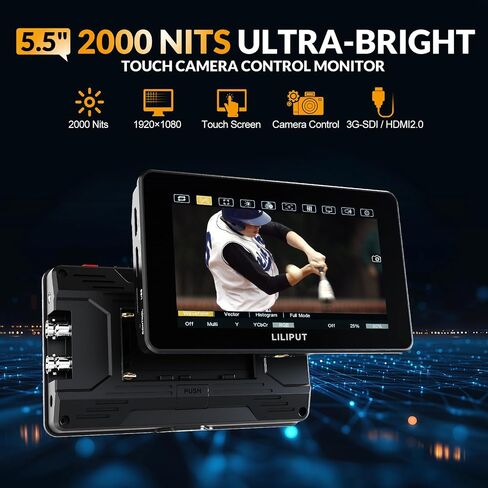 Camera Monitor, 2000nits Ultra-Bright 5.5 Inch Touch Control Screen with HDMI 2.0 3G-SDI Input Output LANC 3D-LUT Waveform Histogram, HT5S in Kuwait