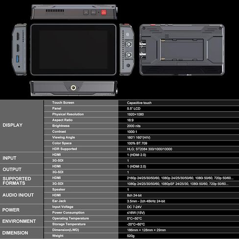 Camera Monitor, 2000nits Ultra-Bright 5.5 Inch Touch Control Screen with HDMI 2.0 3G-SDI Input Output LANC 3D-LUT Waveform Histogram, HT5S in Kuwait