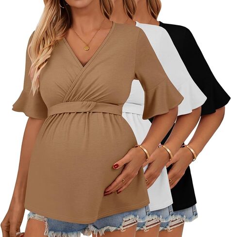 Ficerd 3 Pack قمصان الأمومة النسائية ، قمم التمريض قصيرة الأكمام الكشكش V الرقبة الرضاعة الطبيعية المحملات الحمل غير الرسمية in Kuwait