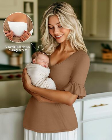 Ficerd 3 Pack قمصان الأمومة النسائية ، قمم التمريض قصيرة الأكمام الكشكش V الرقبة الرضاعة الطبيعية المحملات الحمل غير الرسمية in Kuwait