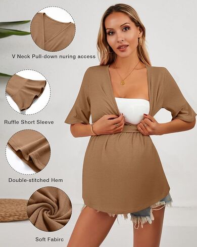 Ficerd 3 Pack قمصان الأمومة النسائية ، قمم التمريض قصيرة الأكمام الكشكش V الرقبة الرضاعة الطبيعية المحملات الحمل غير الرسمية in Kuwait