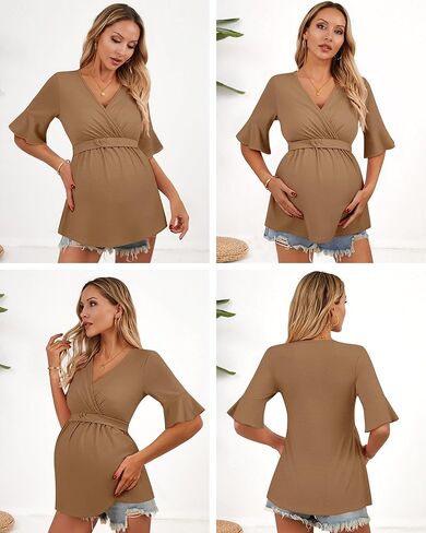 Ficerd 3 Pack قمصان الأمومة النسائية ، قمم التمريض قصيرة الأكمام الكشكش V الرقبة الرضاعة الطبيعية المحملات الحمل غير الرسمية in Kuwait