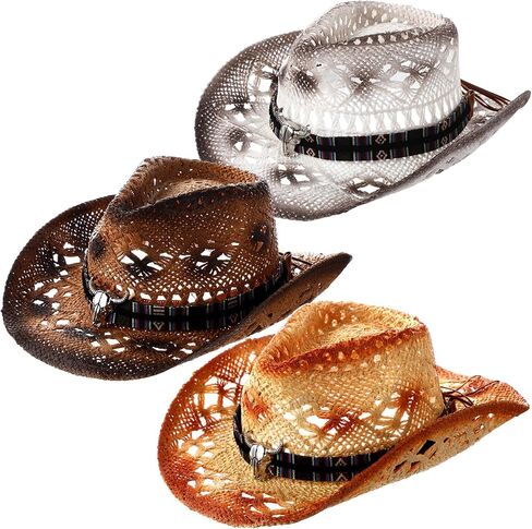 3 Pcs Classic Western Outback Cowboy Hat Adjustable Straw Hat Western Hats for Women and Man with Wide Brim, 3 Colors in Saudi Arabia