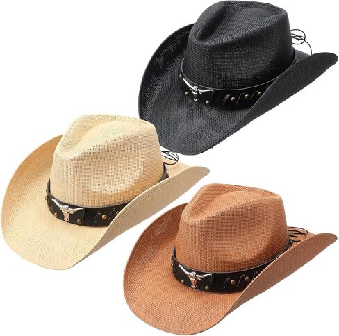 3 Pcs Classic Western Outback Cowboy Hat Adjustable Straw Hat Western Hats for Women and Man with Wide Brim, 3 Colors in Saudi Arabia