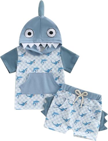 Toddler Baby Boy Hooded Summer Clothes Dinosaur Print Short Sleeve Color Block Short Set Cute Infant Summer Outfit in Kuwait