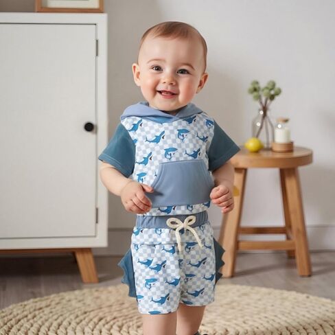 Toddler Baby Boy Hooded Summer Clothes Dinosaur Print Short Sleeve Color Block Short Set Cute Infant Summer Outfit in Kuwait