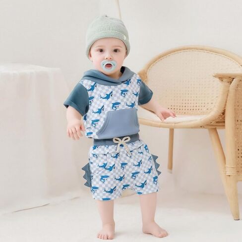 Toddler Baby Boy Hooded Summer Clothes Dinosaur Print Short Sleeve Color Block Short Set Cute Infant Summer Outfit in Kuwait