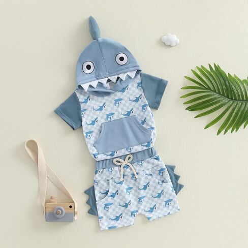 Toddler Baby Boy Hooded Summer Clothes Dinosaur Print Short Sleeve Color Block Short Set Cute Infant Summer Outfit in Kuwait