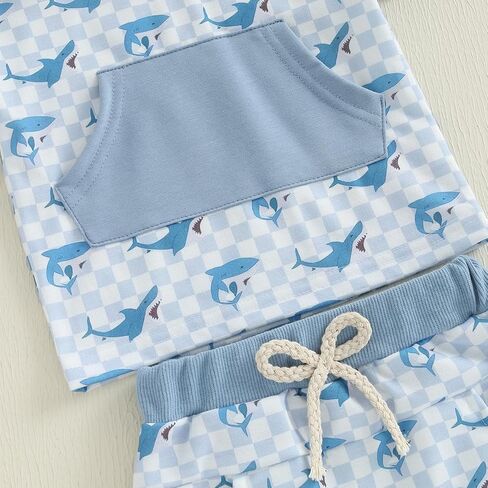 Toddler Baby Boy Hooded Summer Clothes Dinosaur Print Short Sleeve Color Block Short Set Cute Infant Summer Outfit in Kuwait