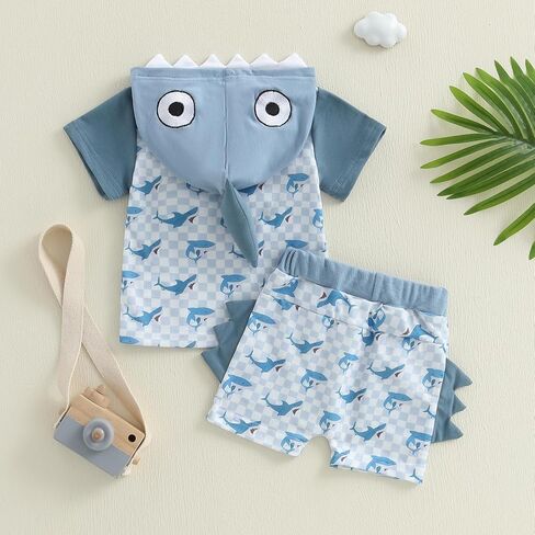 Toddler Baby Boy Hooded Summer Clothes Dinosaur Print Short Sleeve Color Block Short Set Cute Infant Summer Outfit in Kuwait