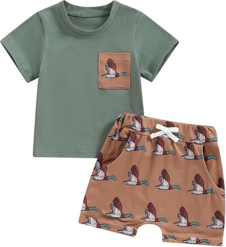 طفل طفل رضيع الصيف ملابس البط طباعة الأكمام قصيرة تي شيرت شورت مموه مرنة 2 قطعة الزي in Kuwait