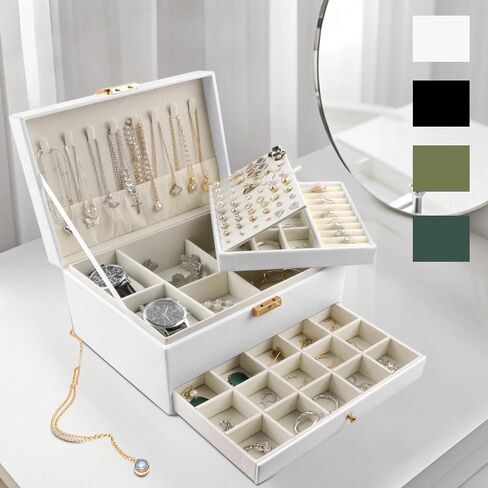 Jewelry Box for Women Girls, 3 Layers Large Jewelry Organizer Storage Case with Lock,Travel Jewelry Organizer Box Display for Ideal Gift Earring Necklace Bracelet Ring Watches in Saudi Arabia