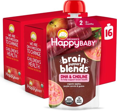 Happy Baby Organics Brain Support Blends, Baby Food Pouches, Variety Pack (Pack of 16), Amazon Exclusive in Kuwait