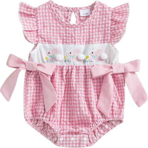 MoZiKQin Baby Girl Valentines Day Outfit Newborn Heart Plaid Bubble Romper Bowknot Ruffle Bodysuit Smocked Baby Clothes in Kuwait