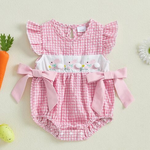 MoZiKQin Baby Girl Valentines Day Outfit Newborn Heart Plaid Bubble Romper Bowknot Ruffle Bodysuit Smocked Baby Clothes in Kuwait