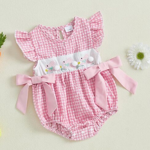 MoZiKQin Baby Girl Valentines Day Outfit Newborn Heart Plaid Bubble Romper Bowknot Ruffle Bodysuit Smocked Baby Clothes in Kuwait