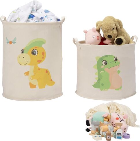Navaris Green Dinosaur Toy Storage Baskets, Set of 2 - Collapsible Toys & Laundry Kids Hamper - Round Washing Basket Ideal for Baby Nursery and Bedroom - Hampers For Boys and Girls in Kuwait