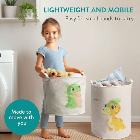 Navaris Green Dinosaur Toy Storage Baskets, Set of 2 - Collapsible Toys & Laundry Kids Hamper - Round Washing Basket Ideal for Baby Nursery and Bedroom - Hampers For Boys and Girls in Kuwait