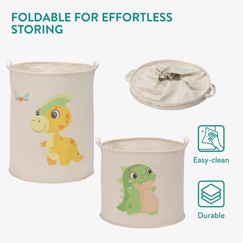 Navaris Green Dinosaur Toy Storage Baskets, Set of 2 - Collapsible Toys & Laundry Kids Hamper - Round Washing Basket Ideal for Baby Nursery and Bedroom - Hampers For Boys and Girls in Kuwait