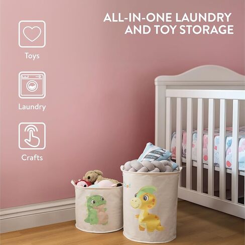 Navaris Green Dinosaur Toy Storage Baskets, Set of 2 - Collapsible Toys & Laundry Kids Hamper - Round Washing Basket Ideal for Baby Nursery and Bedroom - Hampers For Boys and Girls in Kuwait