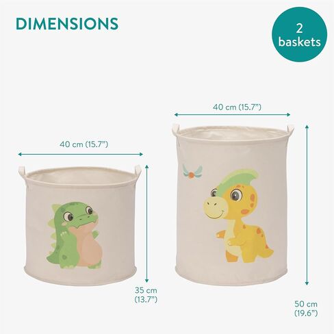 Navaris Green Dinosaur Toy Storage Baskets, Set of 2 - Collapsible Toys & Laundry Kids Hamper - Round Washing Basket Ideal for Baby Nursery and Bedroom - Hampers For Boys and Girls in Kuwait