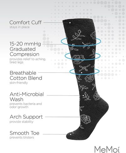 MeMoi Women's Floral Cotton Blend 15-20mmHg Graduated Compression Socks Dark Gray Heather 9-11 in Saudi Arabia