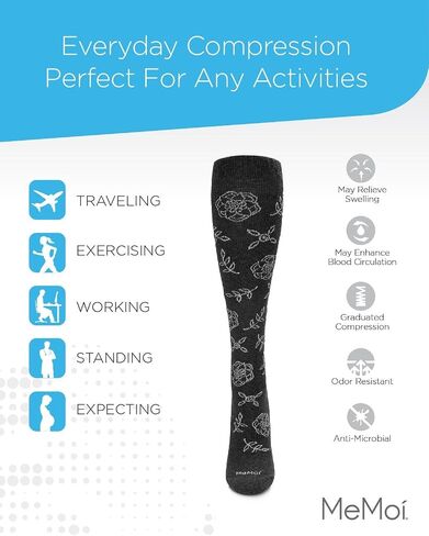 MeMoi Women's Floral Cotton Blend 15-20mmHg Graduated Compression Socks Dark Gray Heather 9-11 in Saudi Arabia