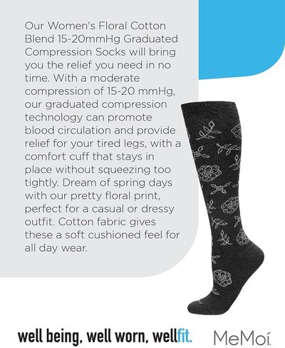 MeMoi Women's Floral Cotton Blend 15-20mmHg Graduated Compression Socks Dark Gray Heather 9-11 in Saudi Arabia