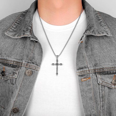 LeCalla Italian 925 Sterling Silver Men's Cross Pendant Necklace | Solid Antique Chevron Cross Pendant Necklace for Men | Cross Pendant with Popcorn Chain 20 Inches in Saudi Arabia