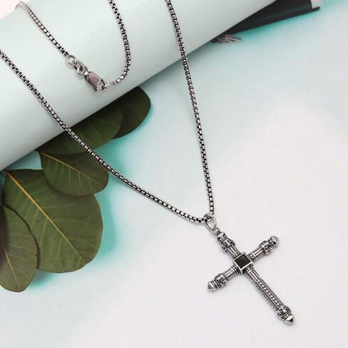 LeCalla Italian 925 Sterling Silver Men's Cross Pendant Necklace | Solid Antique Chevron Cross Pendant Necklace for Men | Cross Pendant with Popcorn Chain 20 Inches in Saudi Arabia