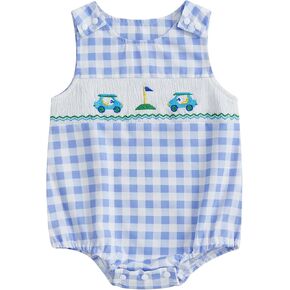 BeQeuewll Summer Baby Clothes Newborn Boy Girl Smocked Bubble Romper Plaid Overall Infant Jumpsuit One Piece Outfit in Kuwait