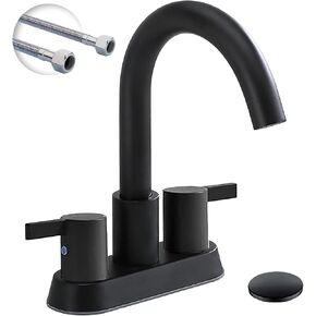 Friho Centerset Lead-Free Modern Commercial 2-Handle Brushed Nickel Bathroom Faucet, 4 inch RV Bathroom Sink Faucet 3 Hole Bath Vanity Faucets with Drain Stopper and Water Hoses