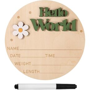 Baby Announcement Sign, 5.9 Inch Wooden Hello World Newborn Sign Birth Announcement Board Welcome Baby Name Sign Plaque for Nursery Hospital Girl Boy Photo Prop Baby Shower (Purple)