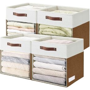 Storage Cubes with Clear Window Linen Fabric Collapsible Storage Bins with Handles 13 x 13 Inch Foldable Storage for Shelf Closet 4 Pack, Grey and White
