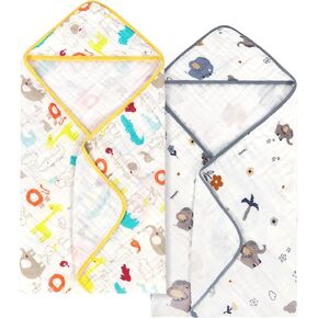 Baby Bath Towels 100% Muslin Cotton Hooded Baby Towels 2 Pack Shower Gifts for Newborn, Infant, Toddler, Kids,Super Soft and Absorbent, Large 35x35Inches