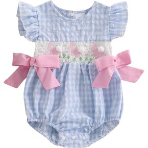 Smocked Baby Girl Clothes Infant Toddler Mama's Mini Cute Plaid Bow Bubble Romper Shirts Newbron Girl Summer Outfi