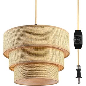 Plug in Pendant Light, Hanging Lamp with Dimmable Switch, Drum Pendant Light Fixtures with 15 Ft Cord, Swag Light with Black Fabric Shade for Bedroom, Kitchen, Living Room in Saudi Arabia