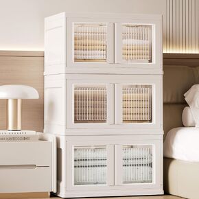 3 pack large capacity White storage bins with Lids -folded up plastic bins，plastic storage bins，Folding Storage box with Doors and Wheels,Stackable Storage bins Cabinet, Pantry Storage，Car Trunks