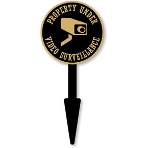SmartSign 5.75 x 9.5 inch “This Property Is Protected By Video Surveillance" GardenBoss Statement Plaque with 18 inch Lawn Stake, 375 mil Rustproof Aluminum, Black and Gold, Set of 1, Made in USA