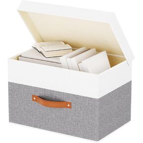 Fabric Storage Bins with Lids, Linen Foldable Clothes Boxes, Closet Organizer Containers with Double Handles, Baskets for Bedroom, Grey, 1 Pack, 13 x 9.1 x 7.9 Inch