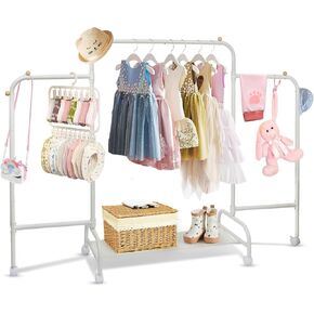 Kids Clothing Rack, Dress Up Rack with 4 Wheels and Bottom Storage Shelf, Small Toddler Garment Rack for Hanging Dressers, Skirts, Dance Costume, Baby Clothes Rack for Girls Gifts, White in Saudi Arabia