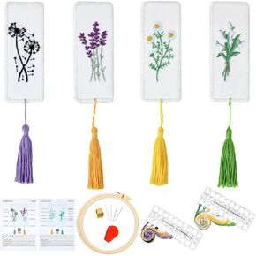 Armindou Embroidery Bookmark Kits, Flowers Hand Embroidery Kits for Beginners Adults, Stamped Cross Stitch Bookmark Kits for Beginners Adults, 1 Embroidery Hoops, 4 Pattern (Attached Video Tutorial)